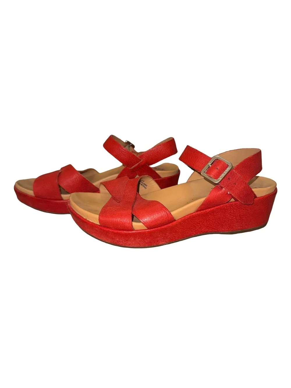 Kork-Ease K38184 Red Leather Criss Cross Platform Wedge Sandals Size 6M